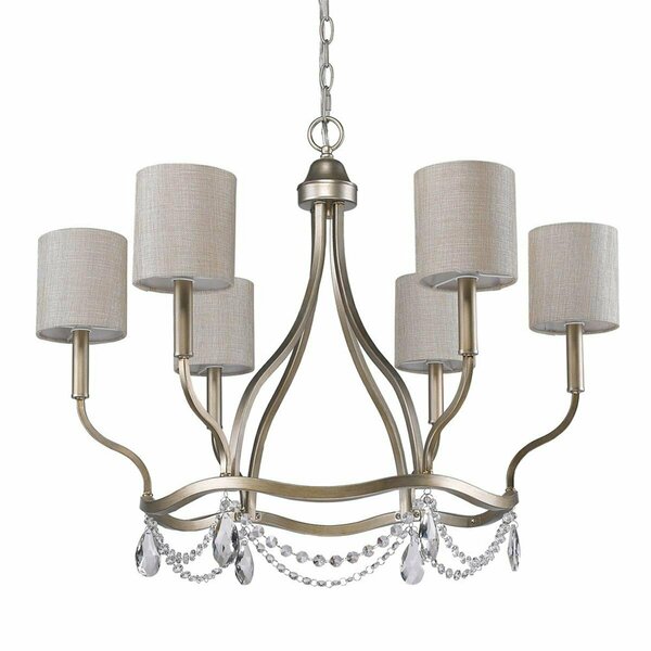 Homeroots 24 x 30.5 x 30.5 in. Margaret 6-Light Washed Gold Chandelier with Fabric Shades & Crystal Accents 398048